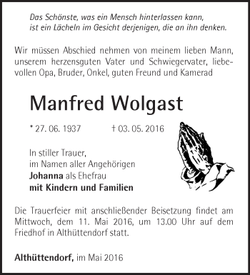 Traueranzeige von Manfred Wolgast von Märkische Oderzeitung