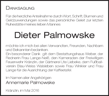 Traueranzeige von Dieter Palmowske von Märkische Oderzeitung