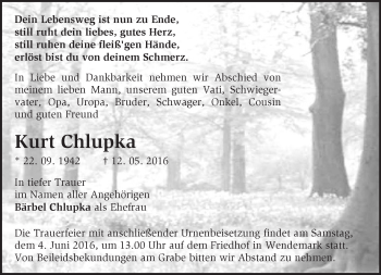 Traueranzeige von Kurt Chlupka von Märkische Oderzeitung