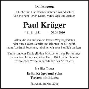 Traueranzeige von Paul Krüger von Märkische Oderzeitung