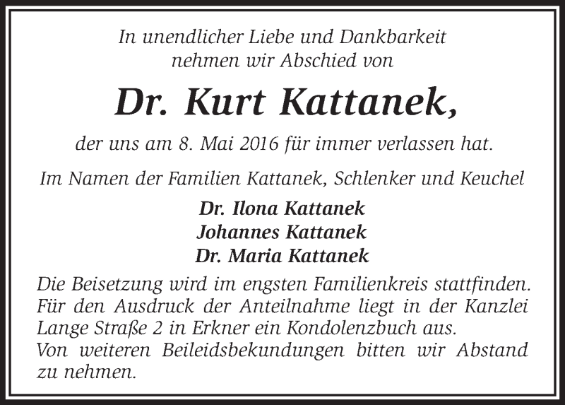  Traueranzeige für Kurt Kattanek vom 14.05.2016 aus Märkische Oderzeitung