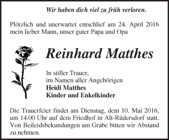 Traueranzeige von Reinhard Matthes von Märkische Oderzeitung