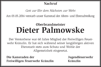 Traueranzeige von Dieter Palmowske von Märkische Oderzeitung