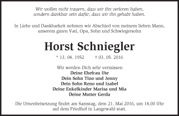 Traueranzeige von Horst Schniegler von Märkische Oderzeitung