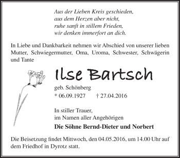 Traueranzeige von Ilse Bartsch von Märkische Oderzeitung