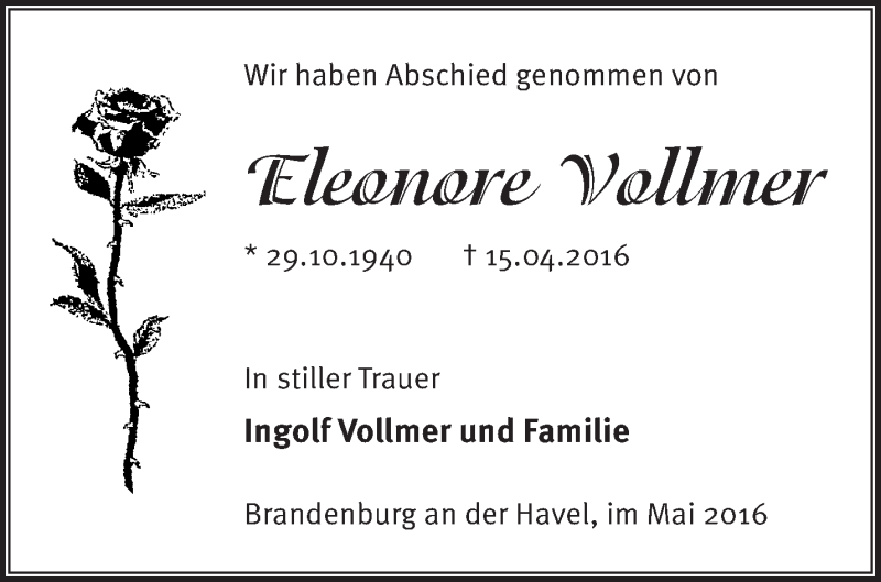  Traueranzeige für Eleonore Vollmer vom 08.05.2016 aus Märkische Oderzeitung