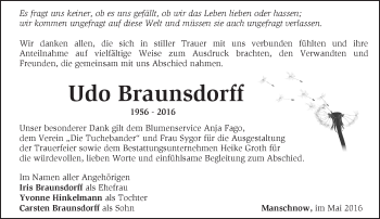 Traueranzeige von Udo Braunsdorff von Märkische Oderzeitung