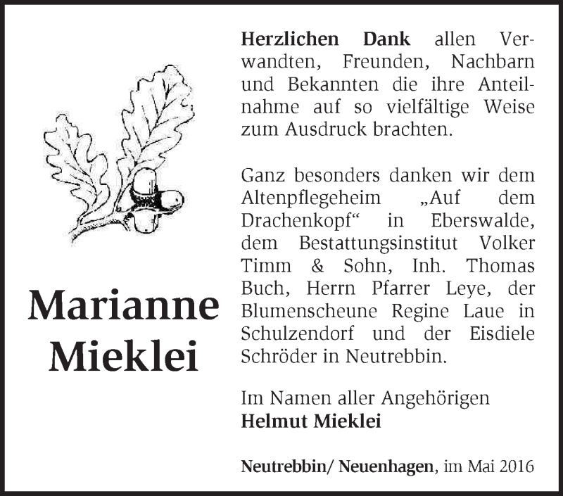  Traueranzeige für Marianne Mieklei vom 28.05.2016 aus Märkische Oderzeitung