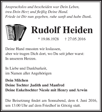 Traueranzeige von Rudolf Heiden von Märkische Oderzeitung