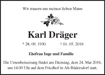 Traueranzeige von Karl Dräger von Märkische Oderzeitung