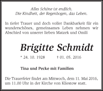 Traueranzeige von Brigitte Schmidt von Märkische Oderzeitung