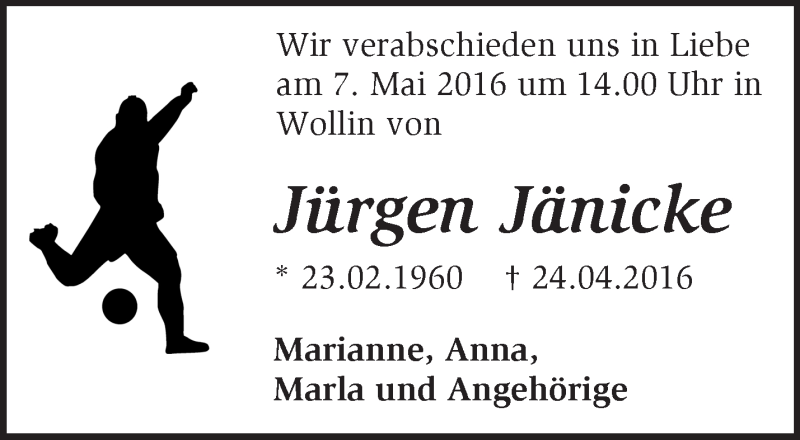 Traueranzeige für Jürgen Jänicke vom 01.05.2016 aus Märkische Oderzeitung