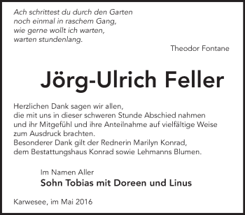 Traueranzeige von Jörg-Ulrich Feller von Märkische Oderzeitung