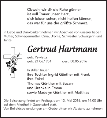 Traueranzeige von Gertrud Hartmann von Märkische Oderzeitung