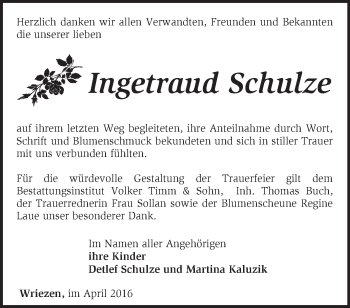 Traueranzeige von Ingetraud Schulze von Märkische Oderzeitung