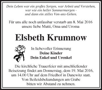 Traueranzeige von Elsbeth Krumnow von Märkische Oderzeitung