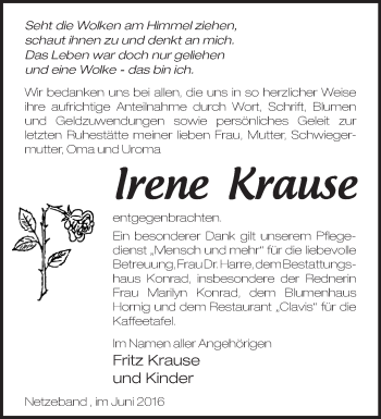 Traueranzeige von Irene Krause von Märkische Oderzeitung