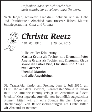 Traueranzeige von Christa Reetz von Märkische Oderzeitung