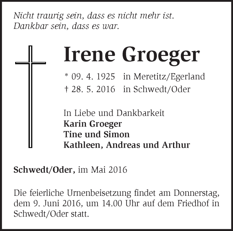  Traueranzeige für Irene Groeger vom 04.06.2016 aus Märkische Oderzeitung