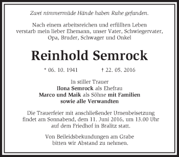 Traueranzeige von Reinhold Semrock von Märkische Oderzeitung