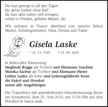 Traueranzeige von Gisela Laske von Märkische Oderzeitung