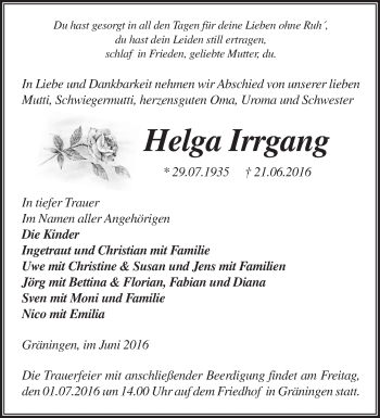 Traueranzeige von Helga Irrgang von Märkische Oderzeitung