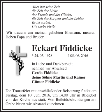 Traueranzeige von Eckart Fiddicke von Märkische Oderzeitung