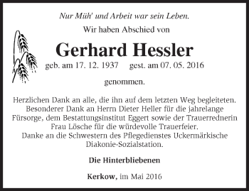 Traueranzeige von Gerhard Hessler von Märkische Oderzeitung