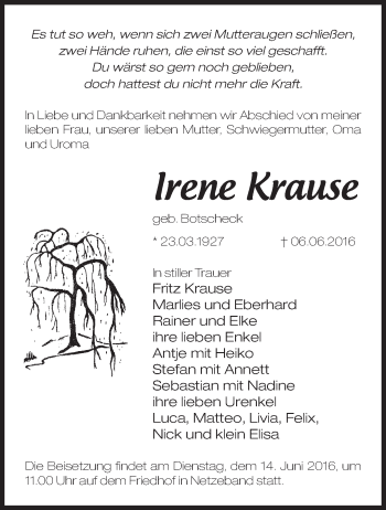 Traueranzeige von Irene Krause von Märkische Oderzeitung