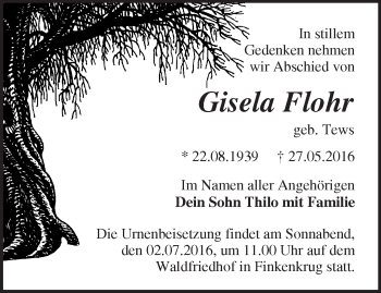 Traueranzeige von Gisela Flohr von Märkische Oderzeitung