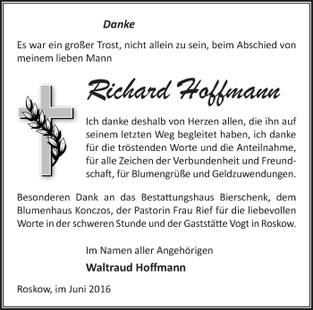 Traueranzeige von Richard Hoffmann von Märkische Oderzeitung