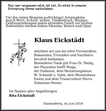 Traueranzeige von Klaus Eickstädt von Märkische Oderzeitung