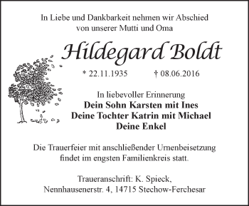 Traueranzeige von Hildegard Boldt von Märkische Oderzeitung