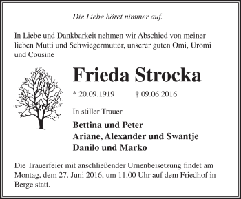 Traueranzeige von Frieda Strocka von Märkische Oderzeitung