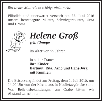 Traueranzeige von Helene Groß von Märkische Oderzeitung