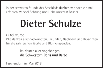 Traueranzeige von Dieter Schulze von Märkische Oderzeitung