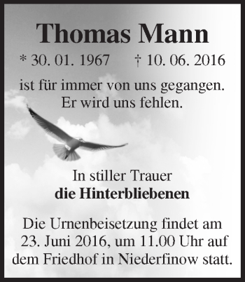 Traueranzeige von Thomas Mann von Märkische Oderzeitung