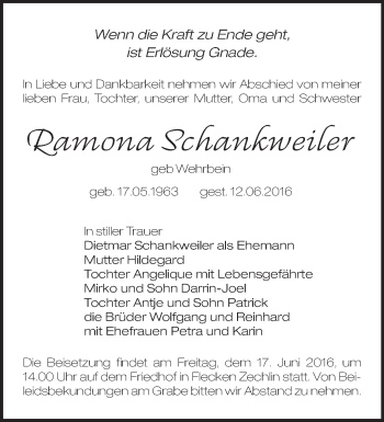 Traueranzeige von Ramona Schenkweiler von Märkische Oderzeitung