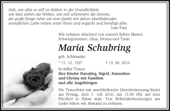 Traueranzeige von Maria Schubring von Märkische Oderzeitung