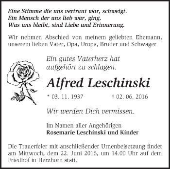 Traueranzeige von Alfred Leschinski von Märkische Oderzeitung