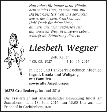 Traueranzeige von Liesbeth Wegner von Märkische Oderzeitung