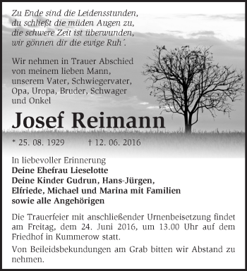 Traueranzeige von Josef Reimann von Märkische Oderzeitung