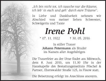 Traueranzeige von Irene Pohl von Märkische Oderzeitung