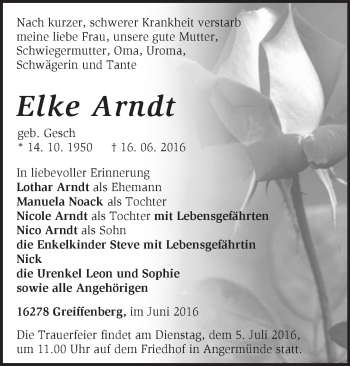 Traueranzeige von Elke Arndt von Märkische Oderzeitung