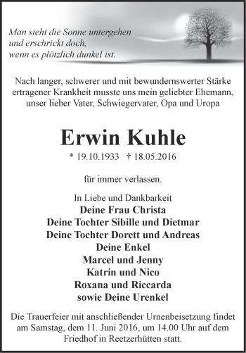 Traueranzeige von Erwin Kuhle von Märkische Oderzeitung