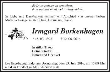 Traueranzeige von Irmgard Borkenhagen von Märkische Oderzeitung