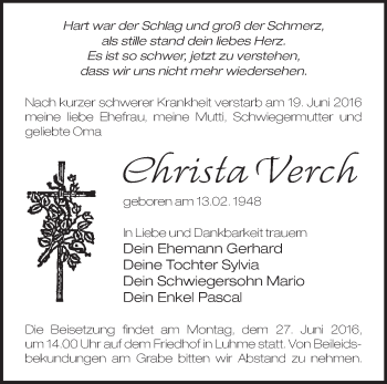 Traueranzeige von Christa Verch von Märkische Oderzeitung