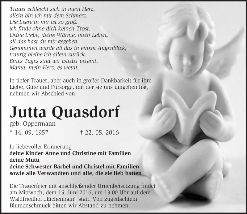  Traueranzeige für Jutta Quasdorf vom 08.06.2016 aus Märkische Oderzeitung