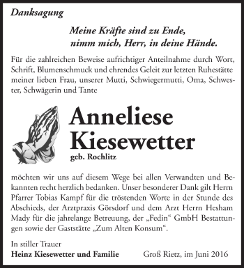 Traueranzeige von Anneliese Kiesewetter von Märkische Oderzeitung