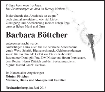 Traueranzeige von Barbara Böttcher von Märkische Oderzeitung